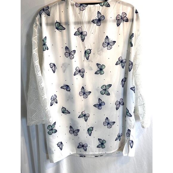 White Butterfly Crochet Sleeve Blouse XL – Boho Sheer Print Top - Picture 2 of 6